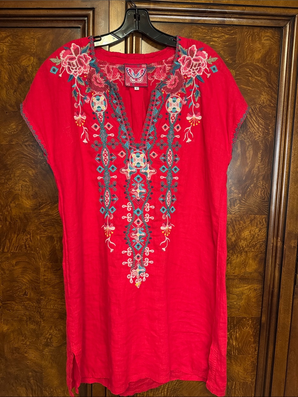 Johnny Was Vibrant Red Embroidered Tunic with Multicolor Floral Accents
